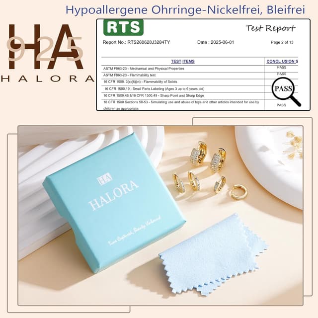 Detalle de Halora 3 Paar Creolen-Set aus Silber 925 (hypoallergen, nickelfrei) mit 14K Gold-Optik & Zirkonia