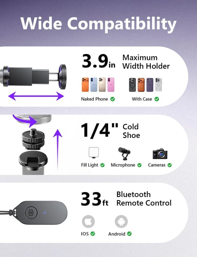 Thumbnail 6 de LISEN 67" Phone Tripod for iPhone & Android with Self-Deploying Selfie Stick, Remote, and 1/4-20 Thread