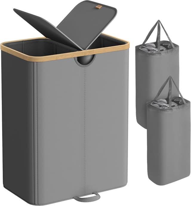 Detalle de SONGMICS LCB523G01 cesto portabiancheria a 2 scomparti da 150 L con coperchio e sacchi interni rimovibili