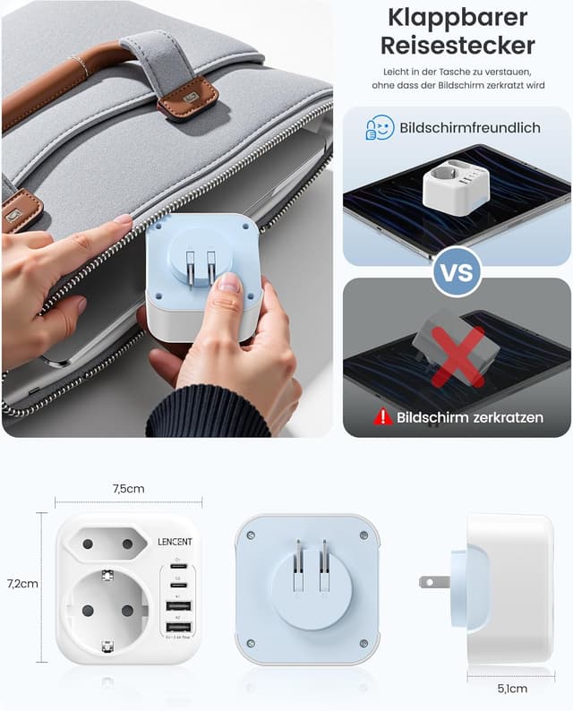 Detalle de LENCENT klappbarer Reiseadapter Japan (Typ A) mit USB-C & USB-A – 6-fach, kompakt für Deutschland/USA/Kanada/Thailand