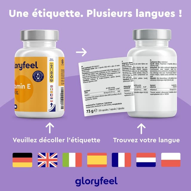 Detalle de Vitamine E 210 capsules bioactives – D-Alpha tocophérol (cure 3 mois) en softgels