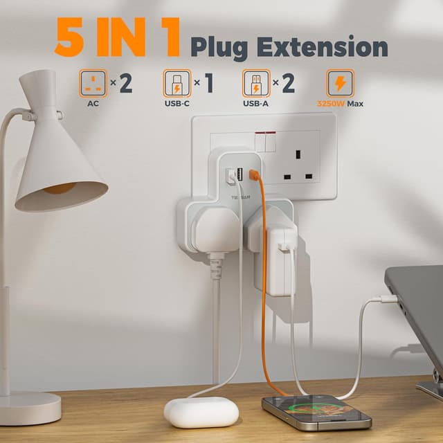 Detalle 2 de TESSAN Plug Adapter 3 USB Ports 2‑way 🪫