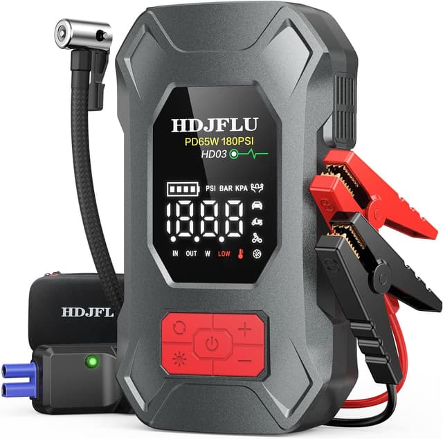 Detalle de Jump starter 7500A con compressore 180 PSI, ricarica 65W e batteria portatile 24.000 mAh per auto 12V