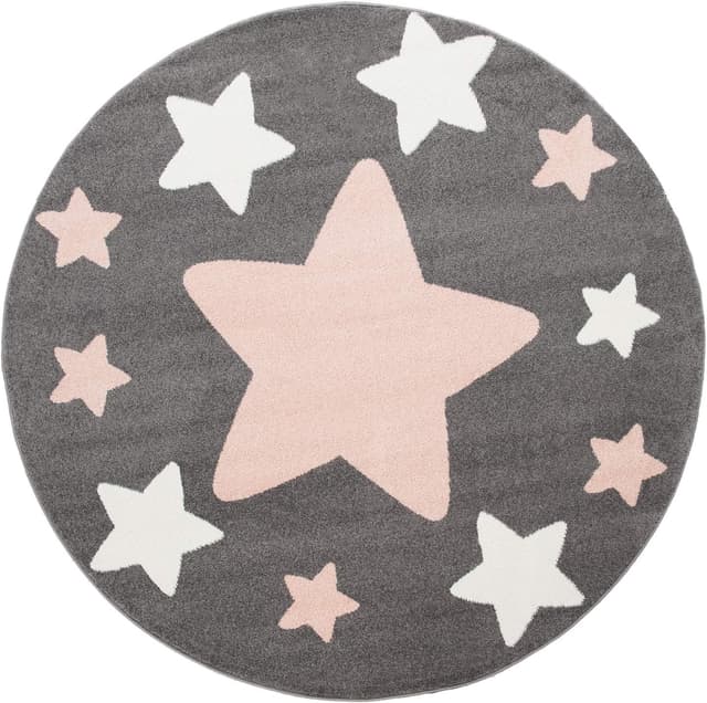 Detalle de Tapis d’enfant Paco Home rond étoiles gris et rose — 200 cm, 100% polypropylène