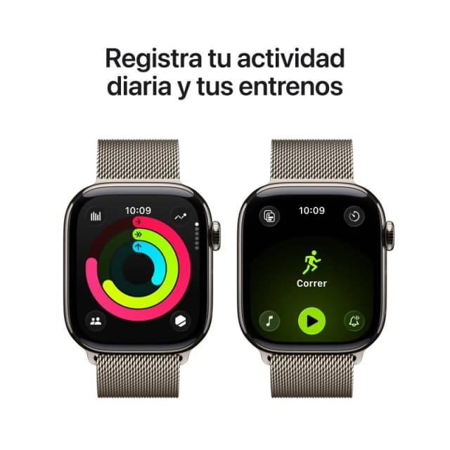 Detalle de Apple Watch Series 11 GPS + Cellular 42 mm de titanio con Milanese Loop Natural
