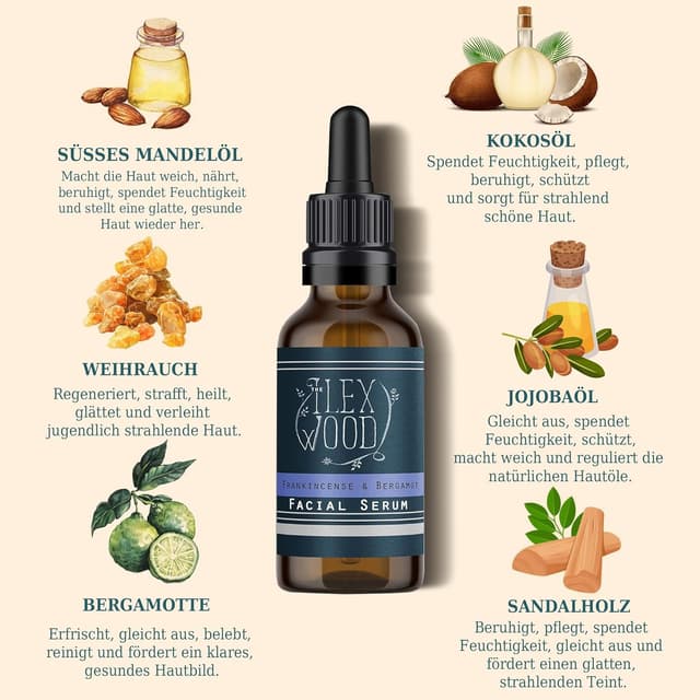 Detalle de The Ilex Wood Weihrauch- & Bergamotte-Gesichtsserum (vegan) – 20 ml