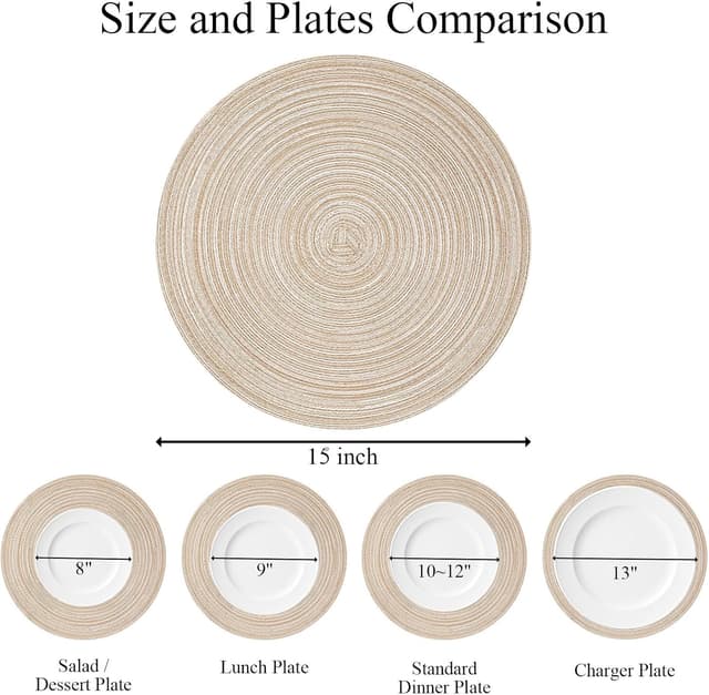 Detalle de SHACOS 38cm Round Placemats Set of 6 – Braided woven, beige heat-resistant table mats