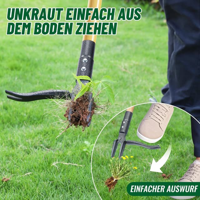 Detalle de Ormalla Unkrautstecher mit 1,1 m Stiel – Löwenzahn-Entferner mit Bambusgriff und 4 Metallkrallen