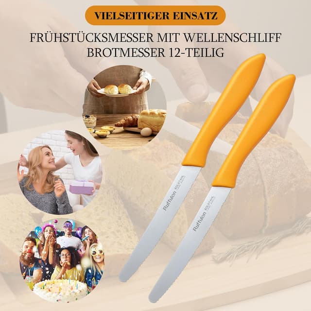 Detalle de Brotmesser-Set mit Wellenschliff (12-teilig) aus Edelstahl, 23 cm Tefalmesser – orange Messerset