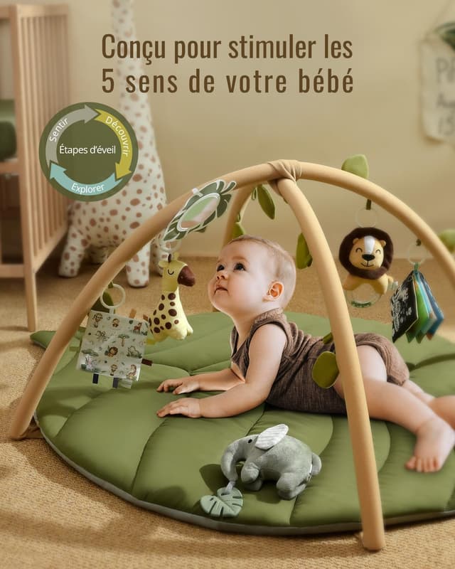 Detalle 2 de Blissful Diary Tapis d’éveil bébé avec arche amovible et 6 jouets – forme feuille, vert forêt