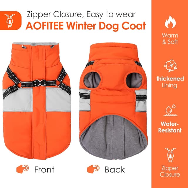 Detalle de AOFITEE Dog Coat with Harness Built In (Waterproof Puffer Jacket, Fleece Collar) – XS