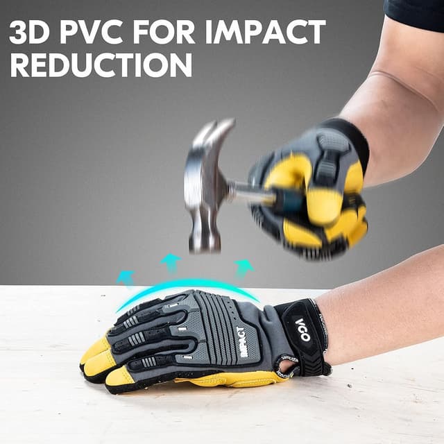 Detalle 2 de Vgo Work Gloves for Men with Touchscreen Palm in Cowhide Leather (Heavy Duty, Anti-Impact) – 1 Pair (L)