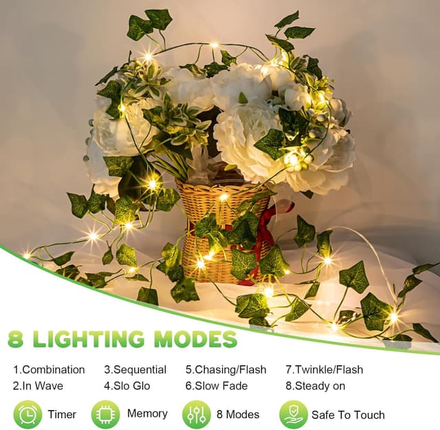 Detalle de A.bigwhale Efeu-Lichterkette mit Timer – künstliche Efeu-Girlande mit 20 LEDs (USB-aufladbar)