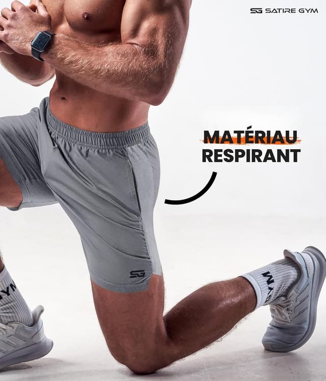 Detalle de Satire Gym Short de fitness homme à coupe ample, séchage rapide (musculation, running, crossfit)