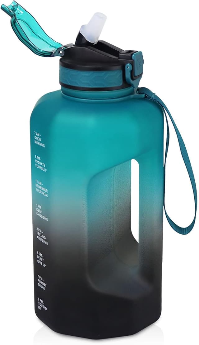 Detalle de GLEKGLEK 2.2 Litre Water Bottle with Straw, Time Markings & Handle (BPA Free) – Leakproof Sport Jug, Green Pink