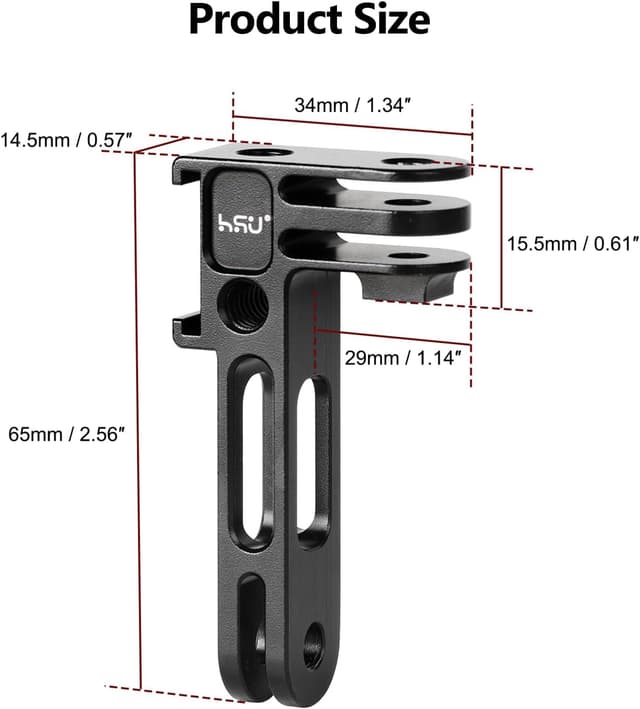 Detalle 2 de HSU Vertical Mount for GoPro & action cameras – aluminium 90° camera adapter with 1/4 tripod holes and cold shoe bracket