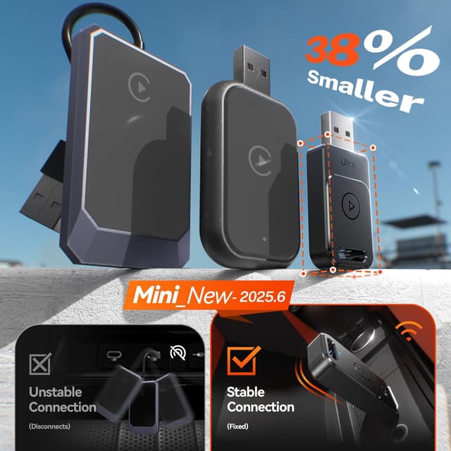 Detalle 2 de Cleviton Wireless Apple CarPlay Adapter (2025) — 3X Fast Auto-Connect, Plug & Play, No-Lag Setup, USB A/C, Matte Black