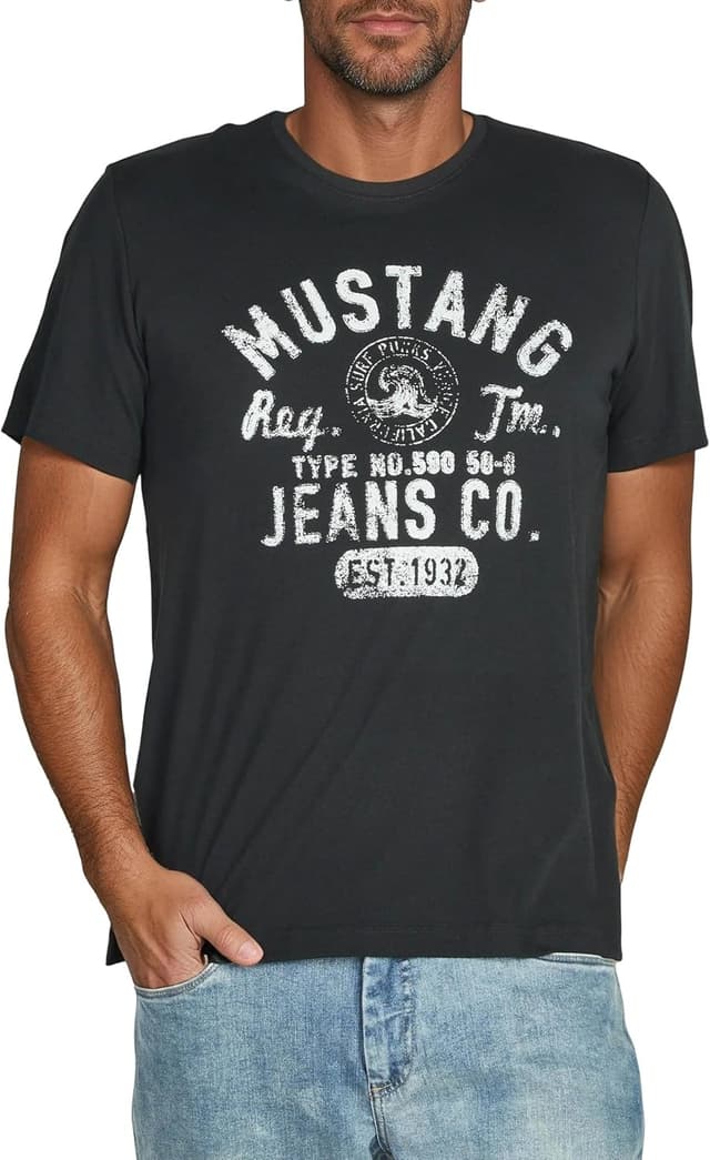 Detalle de MUSTANG Herren-T-Shirts im Regular Fit (4er-Set) aus Baumwolle, Rundhals Kurzarm mit Logoprint