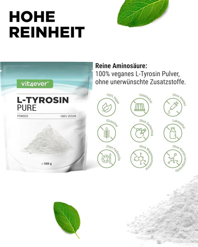 Detalle de vit4ever L-Tyrosin Pulver 500 g – 333 Portionen, vegan, ohne Zusatzstoffe