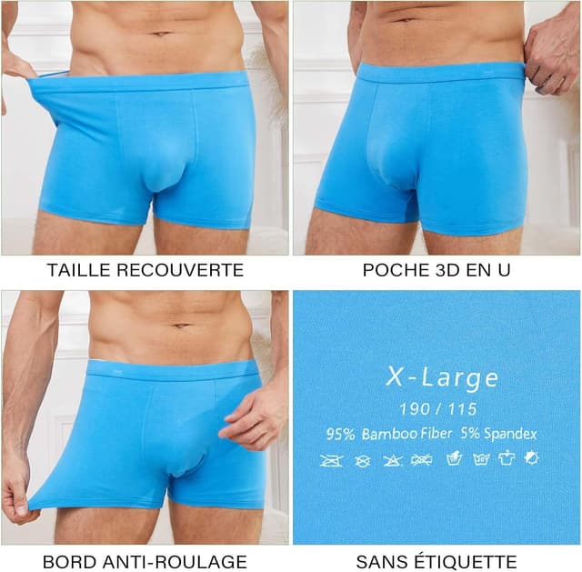 Detalle de ZAKASA Bambou Boxers Homme en lot de 6 – sous-vêtements boxers ajustés, poche 3D, sans étiquette