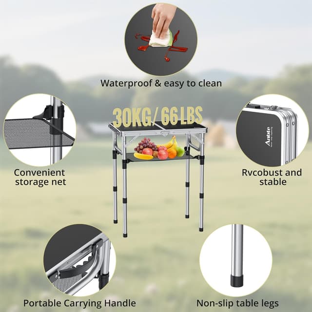 Detalle 2 de Anbte Folding Camping Table with Storage Net (3 adjustable heights) – black, portable outdoor picnic table
