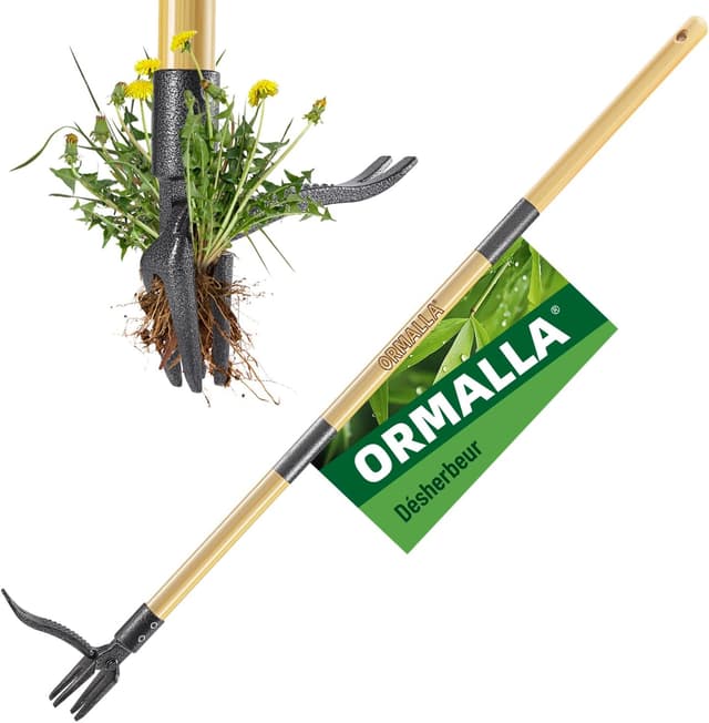 Detalle de Ormalla Désherbeur manuel 1,1 m à arracher le pissenlit, manche en bambou naturel et 4 griffes métalliques