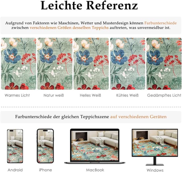 Detalle de HUGEAR waschbarer Teppich mit Blumenmuster (200x300 cm) – rutschfest für Wohnzimmer, Schlafzimmer & Büro