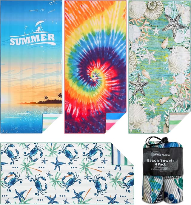 Detalle de Casa Platino 4-Pack Oversized Beach Towels (71" x 32") – Sand-free quick-dry microfiber for pool, ocean & camping