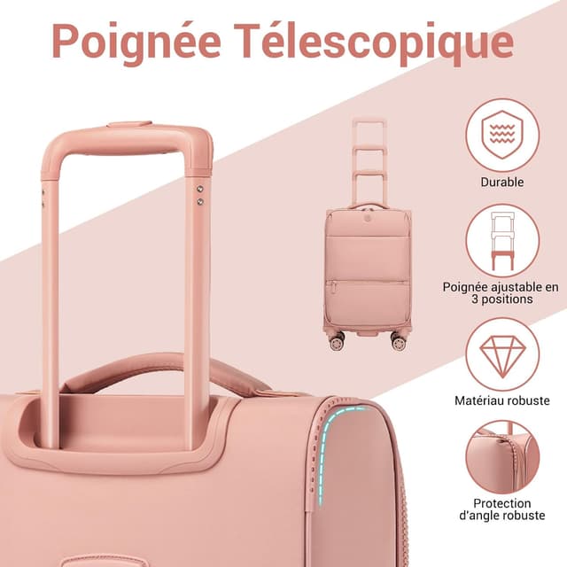 Detalle 2 de Miss Lulu Valise Grande Taille 30 pouces extensible 85 cm, 112 L, tissu nylon 75D/750D imperméable, roues 360° et serrure TSA (rose)