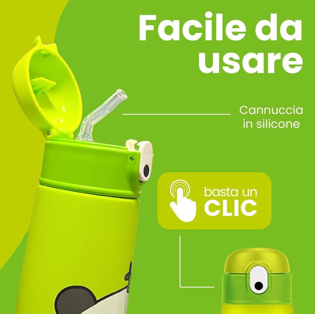 Detalle de Cartomania Borraccia termica Chill & Refill con cannuccia, tema panda, 460 ml