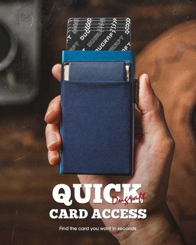 Detalle 2 de DUGRAFT Men’s Pop-Up Credit Card Holder Wallet – Slim RFID Blocking Aluminium Metal with Coin Pocket, Navy