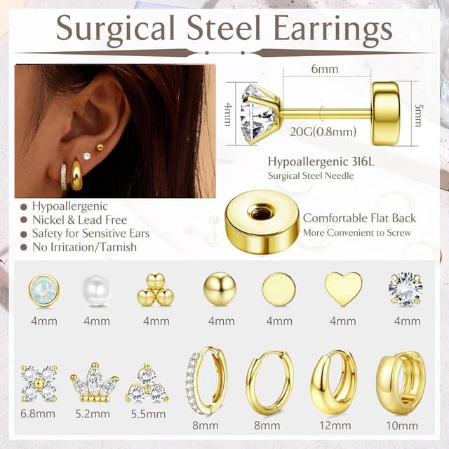 Detalle de TINGN 14 Paar Ohrringe Set mit flachem Verschluss aus 316L-Edelstahl (chirurgischer Stahl), vergoldete Creolen & Ohrstecker