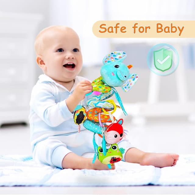 Detalle de Kulveanju Spiral Pram Toys for Babies – Elephant plush hanging activity rattle