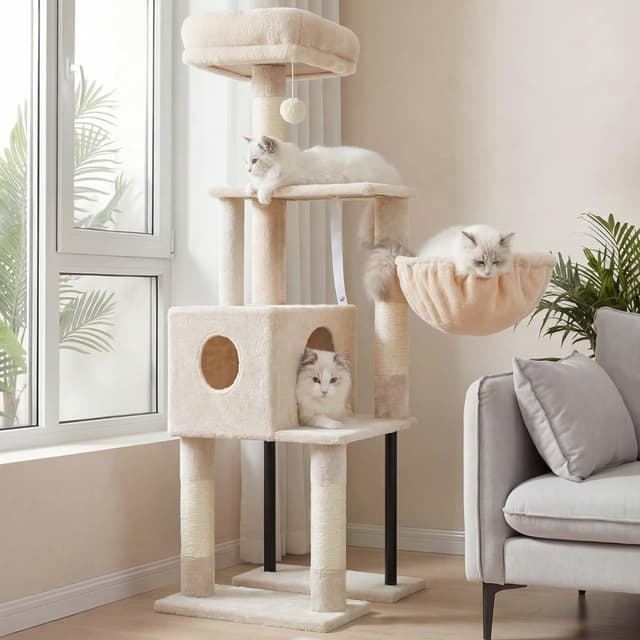 Detalle de Heybly Arbre à chat HCT200SM beige – 125 cm avec niche, plateformes et griffoir en sisal
