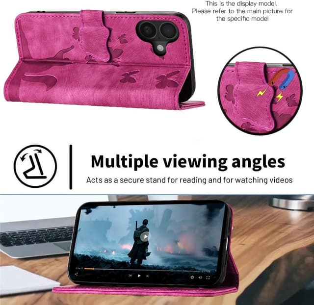 Detalle 2 de LSPCASA Handyhülle für iPhone 17 6,3 Zoll – Flip Wallet Case mit Kartenfach, Standfunktion und Schmetterlingskatze (Rosa)