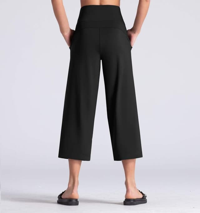 Detalle de THE GYM PEOPLE Womens’ Yoga Capris 3/4 Wide-Leg Trousers with Pockets & Tummy Control