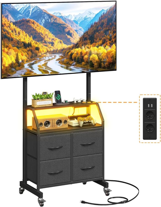Detalle de OYRREU TV-Ständer mit LED, Rollen, 4 Schubladen und höhenverstellbarer Halterung (bis 75 Zoll, 65 kg) – Schwarz