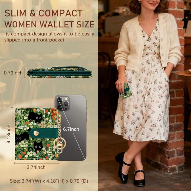 Detalle de Jogjam Black Cat Floral RFID Women Wallet – Small Slim Bifold Credit Card Wallet with Zipper Coin Pocket