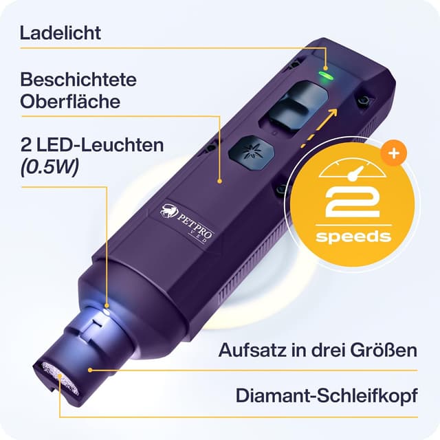 Detalle de PETPROVED elektrischer Krallenschleifer für Hunde mit LED-Licht – kabellos, mit 2 Schleifgeschwindigkeiten