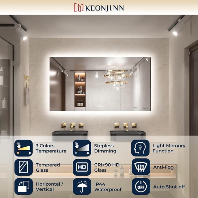 Detalle 2 de Keonjinn Badspiegel mit Beleuchtung Rechteckig 50x70 cm – LED mit Antibeschlag, 3 Lichtfarben & Dimmung