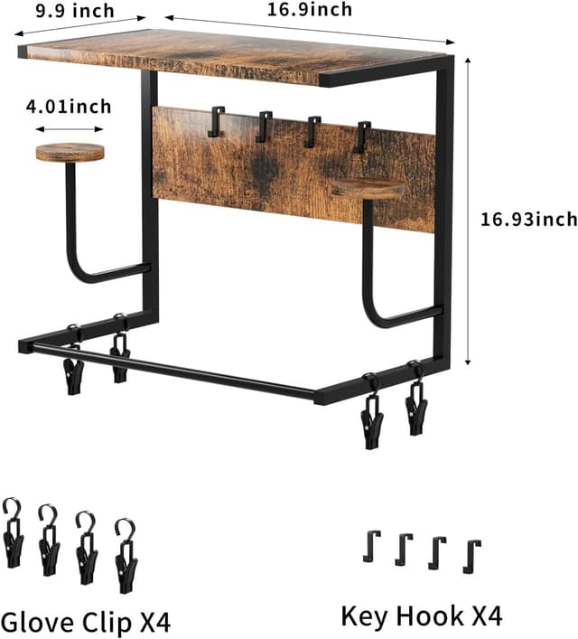 Detalle 2 de OMISRUIS Motorcycle Helmet Holder Wall Mounted with Iron & Wood Rack, 4 Glove Clips and 4 Hooks