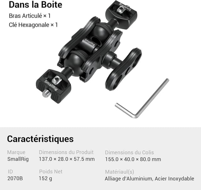 Detalle de SMALLRIG Magic Arm 2070B avec double rotule à friction (support de tête sphérique 1/4)