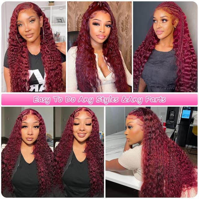 Detalle 2 de UTracycoy 99j Burgundy 13x6 Deep Wave Human Hair Lace Front Wig (180% density)
