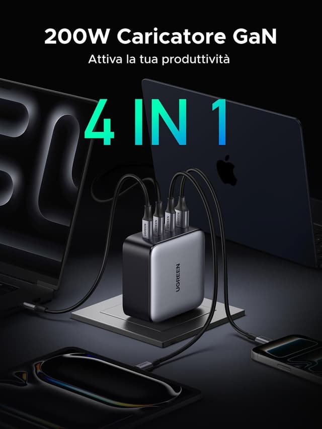 Detalle de UGREEN Nexode 200W caricatore USB-C con GaN 3 porte USB-C + USB-A, PD 3.1 fino a 140W
