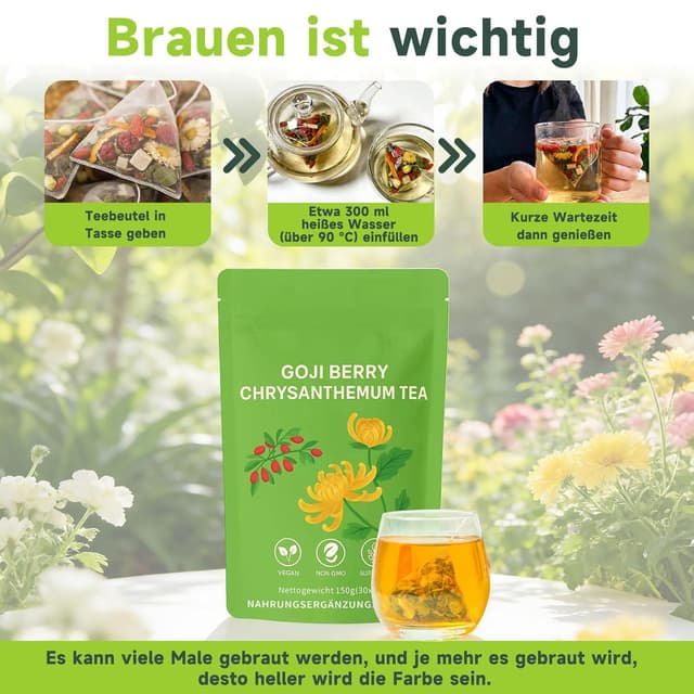 Detalle 2 de Detox Tee Leber Balance Kräutertee mit Goji & Chrysanthemen – koffeinfrei, zuckerfrei, vegan (30 Teebeutel à 5 g)