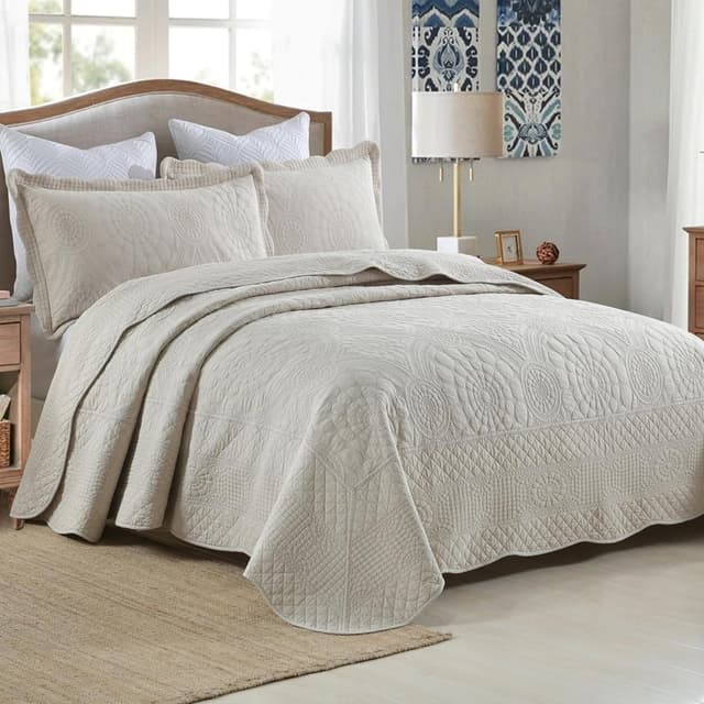 Detalle de MarCielo 3-Piece 100% Cotton Oversized Bedspread Quilt Coverlet Set (Khaki Beige, Oversized King)