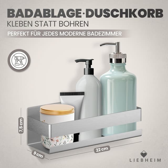 Detalle de LIEBHEIM Duschablage ohne Bohren – Badregal & Duschkorb mit Edelstahlablage, Klebemontage und Haken