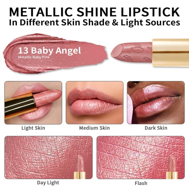 Detalle 2 de OULAC Lippenstift Metallic Glanz Finish „Baby Angel“ (13) – veganer Metallik-Glanz mit feuchtigkeitsspendendem, wasserfestem Tragegefühl