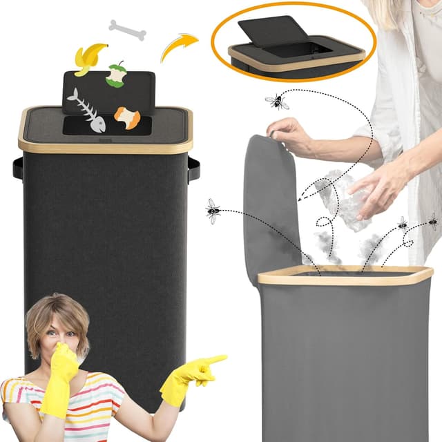 Detalle 1 de DOKRVLOQ Gelber Sack Ständer mit Deckel – stabiler Müllsackhalter für 70L–120L, schwarz
