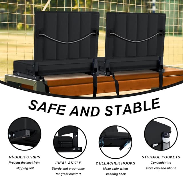 Detalle de Aliphon Stadium Seat for Bleachers with Back Support, Cushion, Cup Holder & Shoulder Strap (Black)